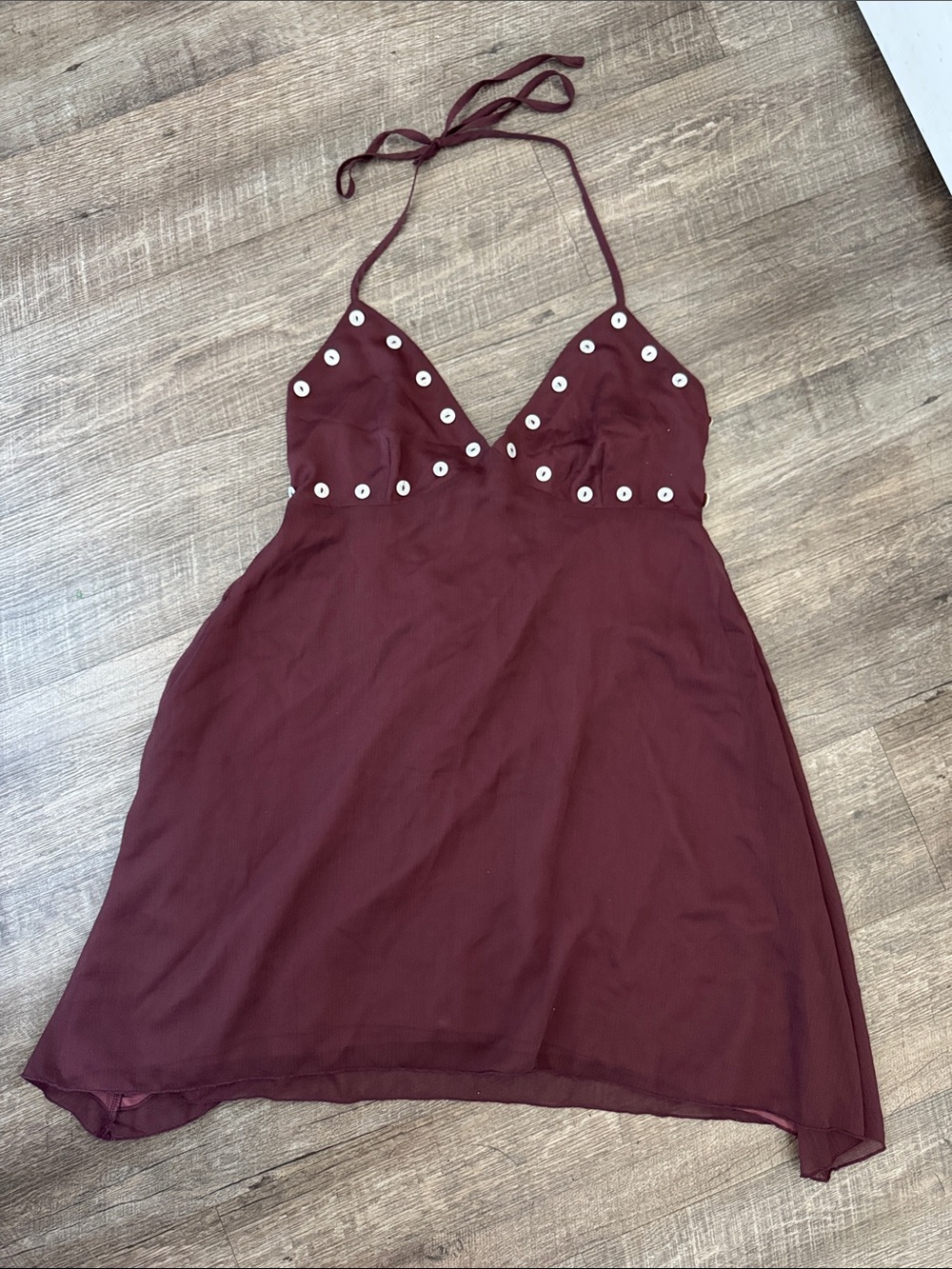 Princess Polly Burgundy Halter Mini Dress with Eyelet Detail